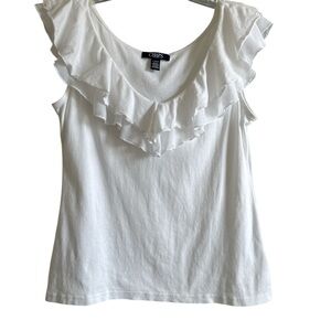 Chaps petite medium White Ruffled neckline tank Blouse